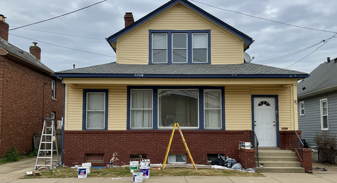 A freshly painted Cleveland home showcasing a beautiful exterior in vibrant colors. The image captures a painter applying the final touches, with a ladder and paint supplies visible.