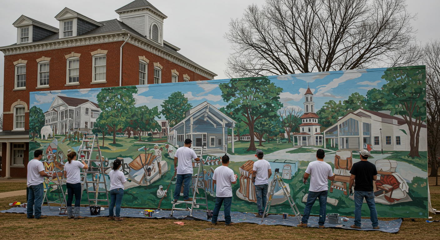 A group of painters collaborating on a large mural, set against a backdrop of a historic building in Kingsport. The image captures teamwork and creativity, with the mural depicting local landmarks.
