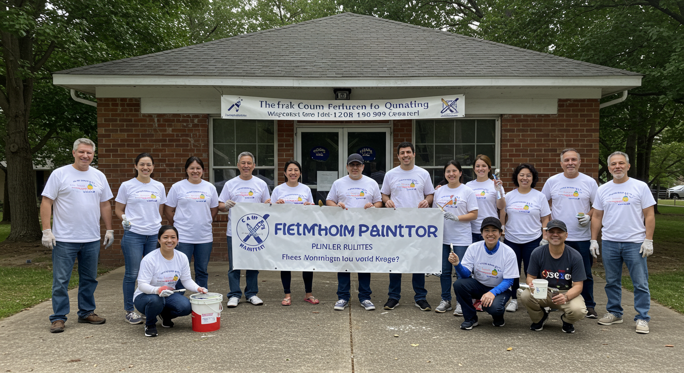 A community event where local painters are volunteering to paint a community center.