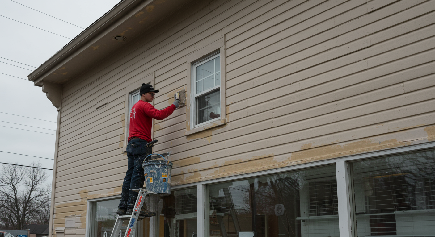 A skilled commercial painter applying a fresh coat of paint to the exterior of a local business in Franklin, TN, showcasing the vibrant colors and professional technique.