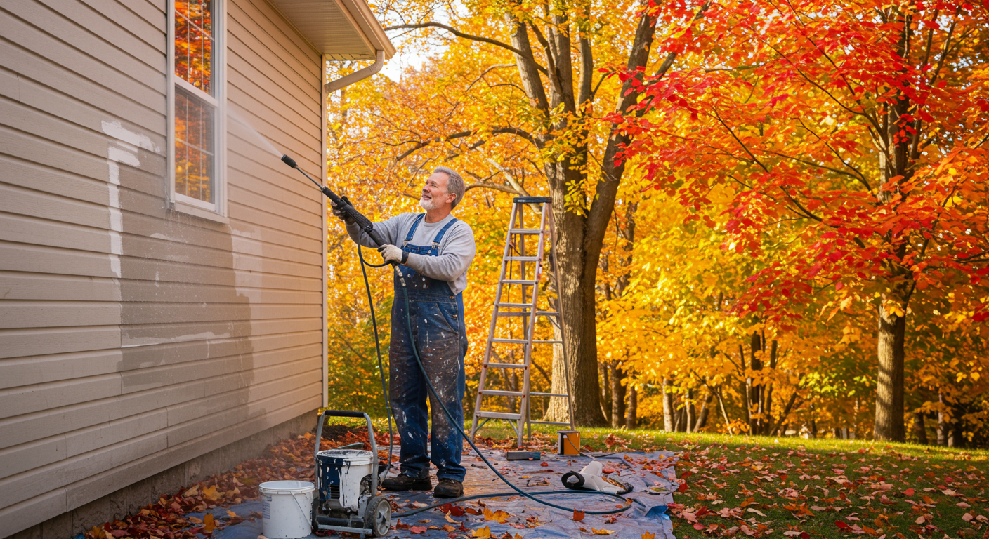 A painter preparing a house for painting in the fall, with colorful autumn leaves scattered around and a clear blue sky.