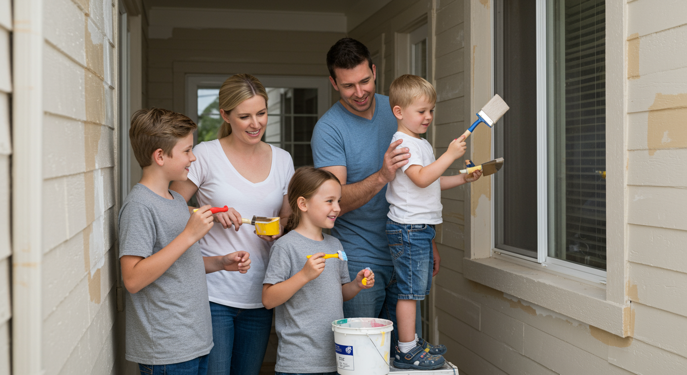 A family of four, including parents and children, working together to paint the exterior of their home. The parents guide the children as they paint, showcasing teamwork and family bonding.