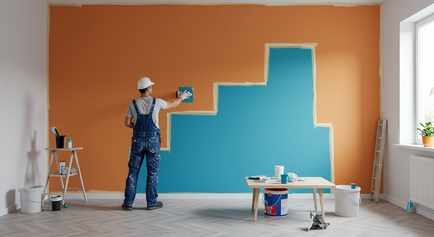 A professional painter applying a fresh coat of paint to a living room wall, showcasing vibrant colors and a well-prepared space.