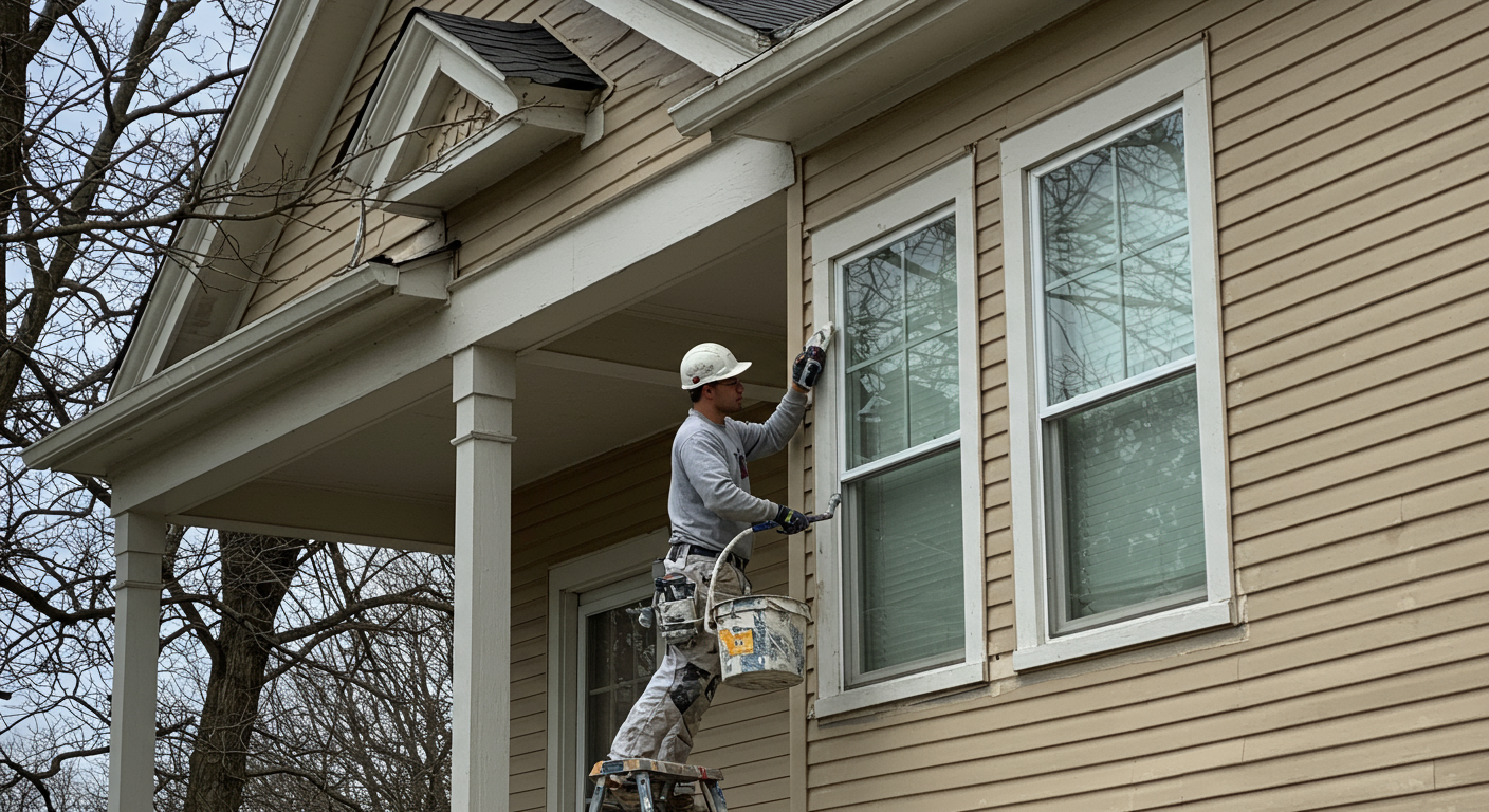 A professional painter applying a fresh coat of paint to the exterior of a charming house in Jackson, TN.