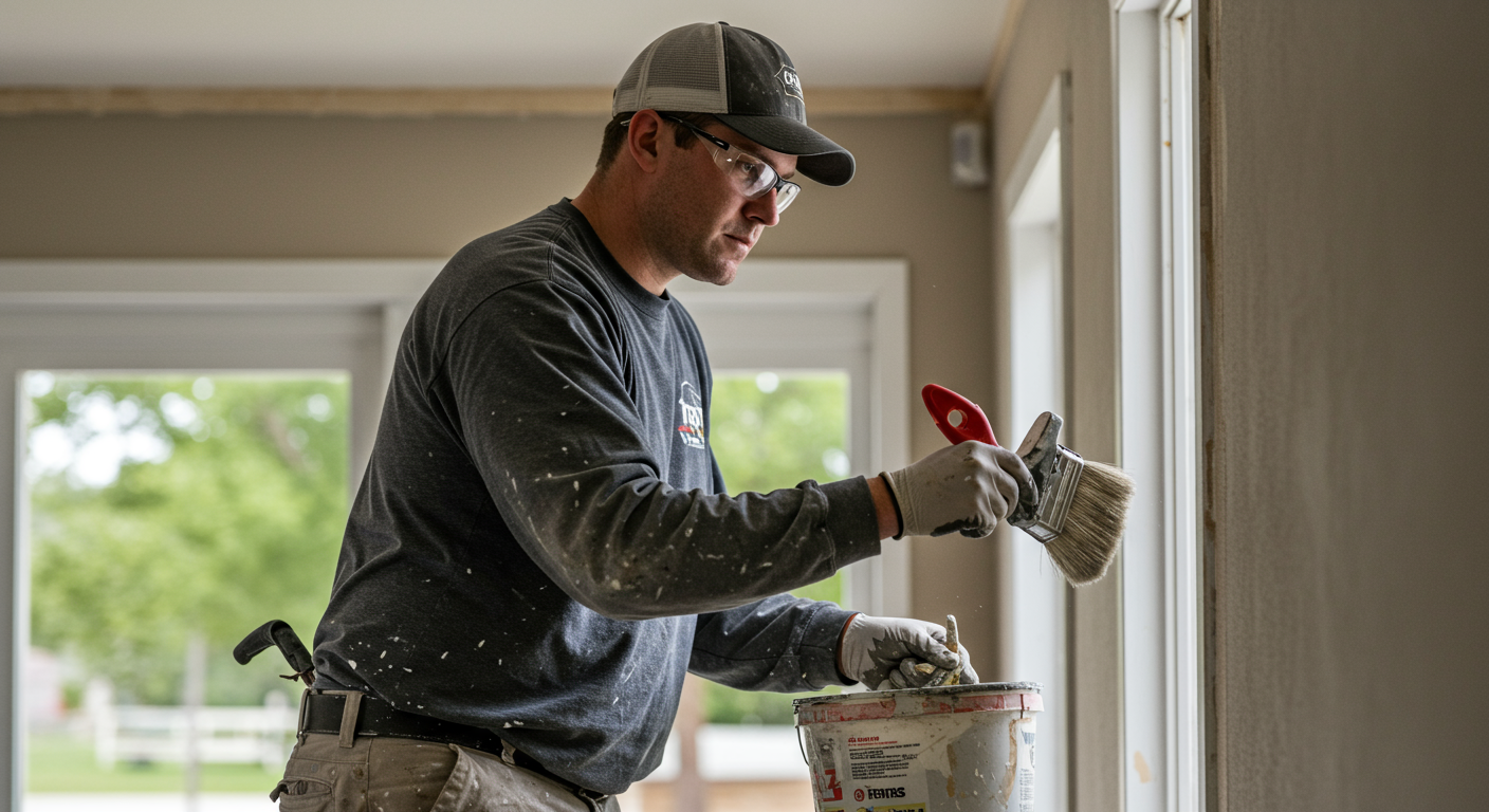A professional painter in Collierville, TN, applying a fresh coat of paint to a residential home. The painter is focused and wearing protective gear, showcasing a sense of professionalism.