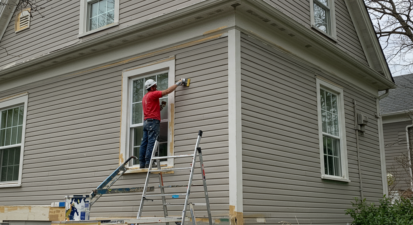 A skilled painter applying a fresh coat of paint to the exterior of a charming Brentwood home, showcasing vibrant colors and attention to detail.
