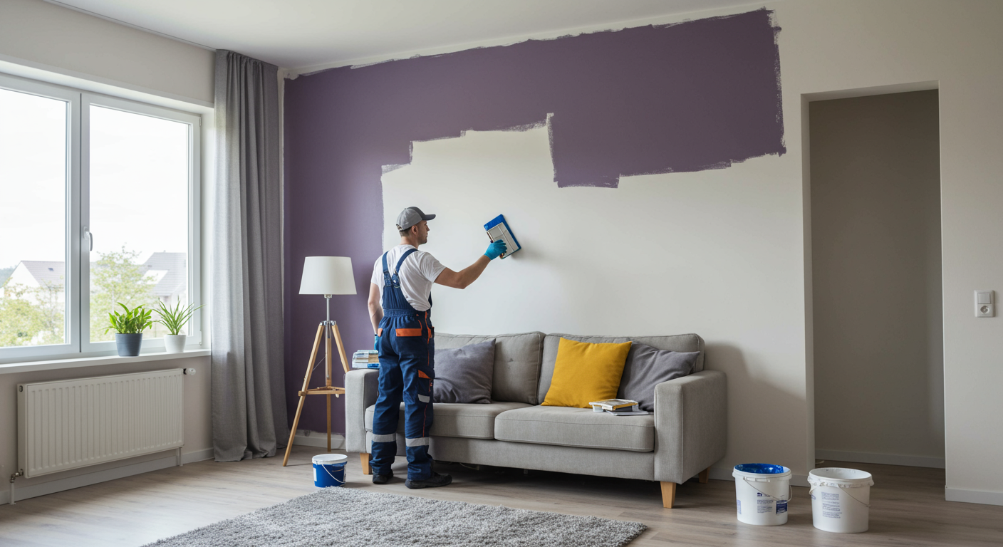 A professional painter diligently applying a fresh coat of vibrant paint to a living room wall. The room is well-lit, showcasing the transformation of the space with a beautiful color palette.