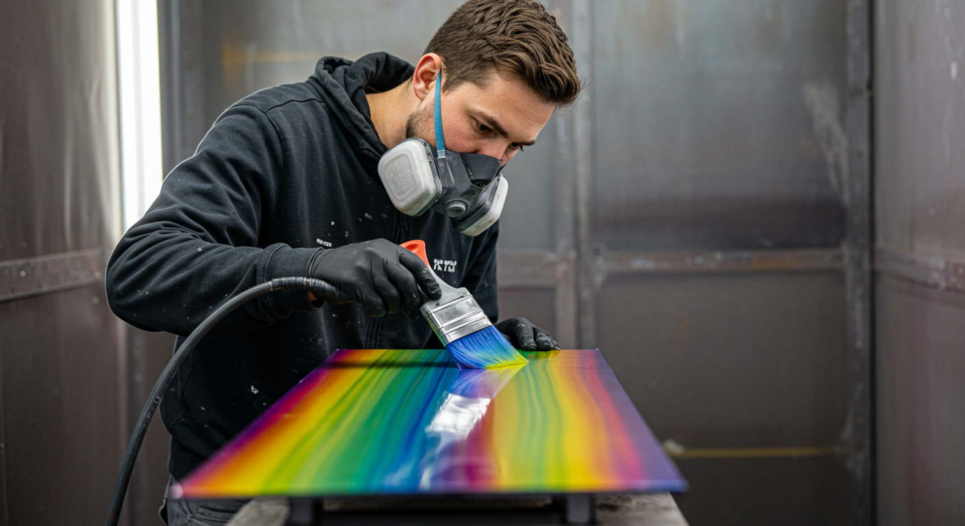 A skilled metal painter applying a vibrant epoxy coating to a metal surface in a well-lit workshop. The painter is focused and wearing protective gear, showcasing professionalism.