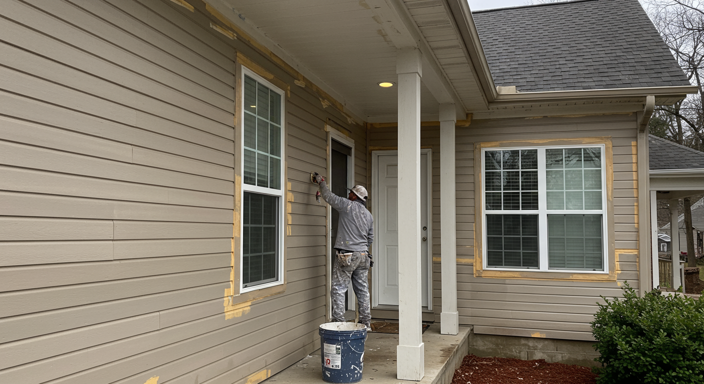 A professional painter applying a fresh coat of vibrant paint to the exterior of a charming suburban home in Franklin, TN. The scene captures the painter in action, showcasing their skill and attention to detail.