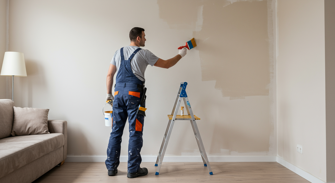 A professional painter in action, applying a fresh coat of vibrant paint to a living room wall. The painter is focused and wearing protective gear, showcasing the attention to detail in their work.