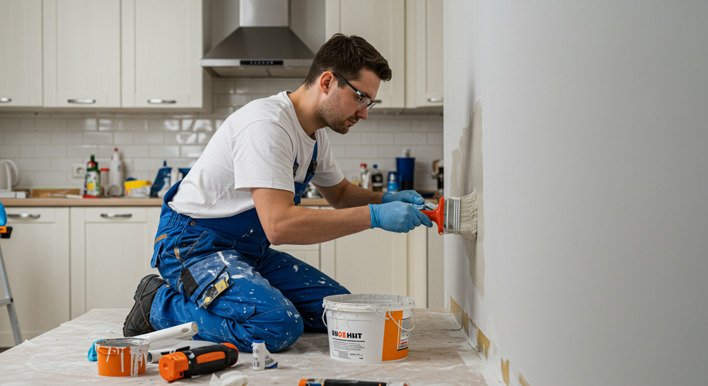 A professional painter applying a fresh coat of paint to a wall in a cozy kitchen.