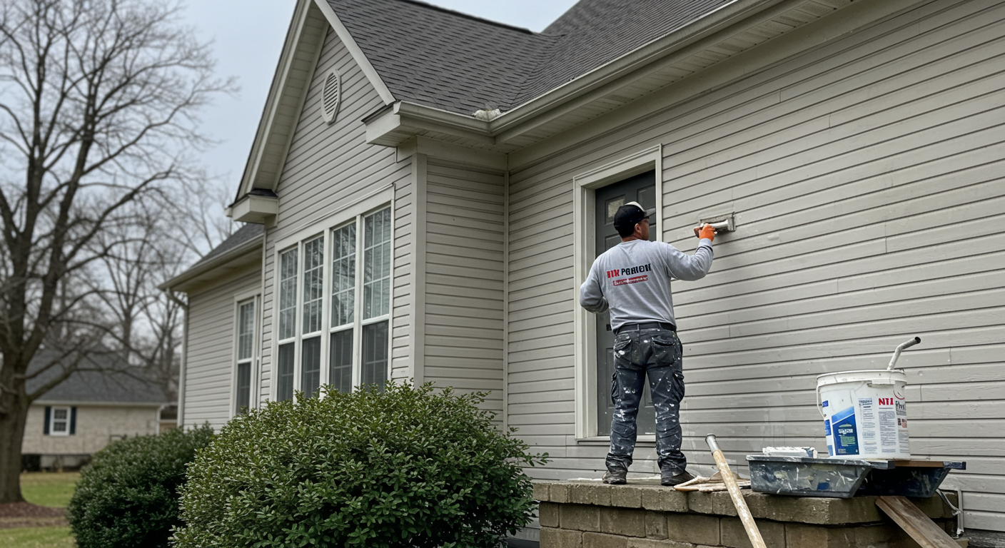 A professional painter in action, carefully applying a fresh coat of paint to the exterior of a charming Smyrna home. The painter is wearing branded work attire, showcasing professionalism.