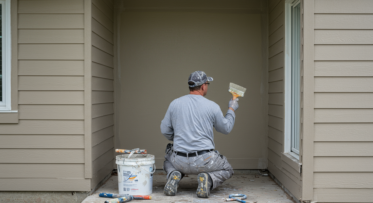 A professional painter in action, applying paint to the exterior of a house, with tools and paint samples visible, emphasizing the craftsmanship involved in house painting.
