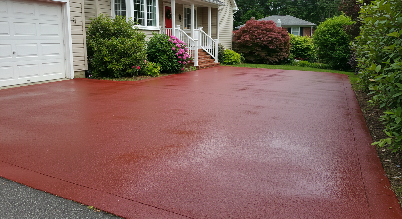 A beautifully painted residential driveway showcasing a smooth, glossy finish.