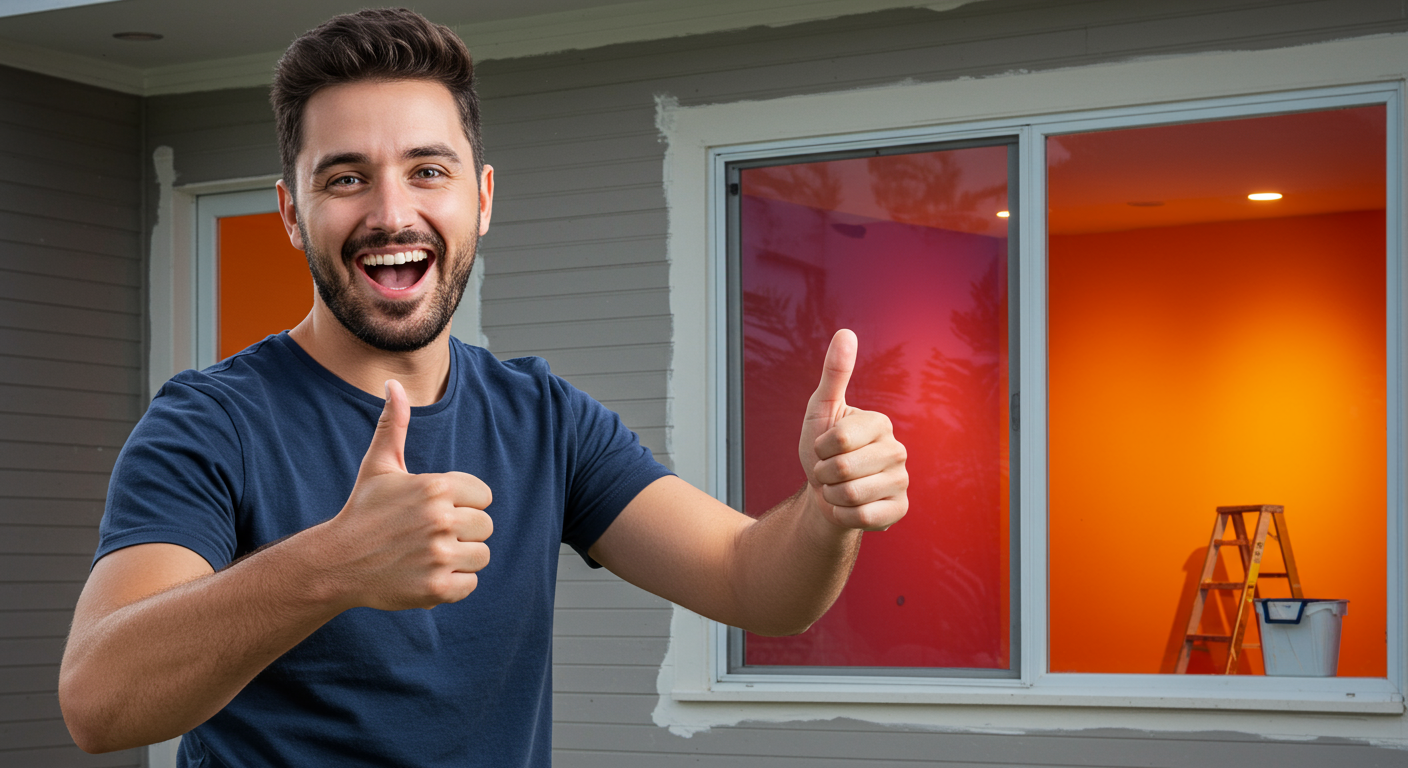 A satisfied customer giving a thumbs up in front of their freshly painted home exterior.
