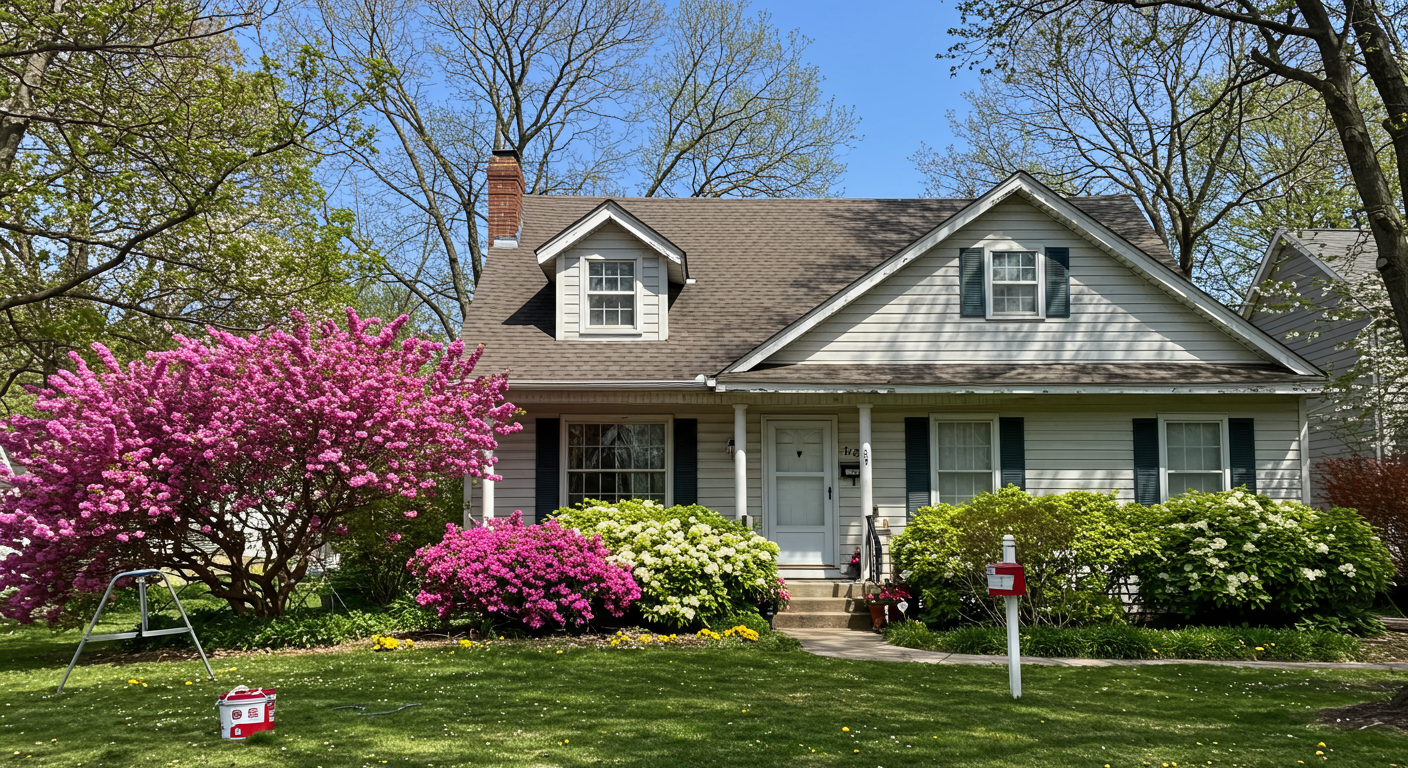 A charming suburban home surrounded by blooming flowers and lush greenery, with a fresh coat of paint being applied. The sky is clear and blue, symbolizing the ideal spring weather for painting.