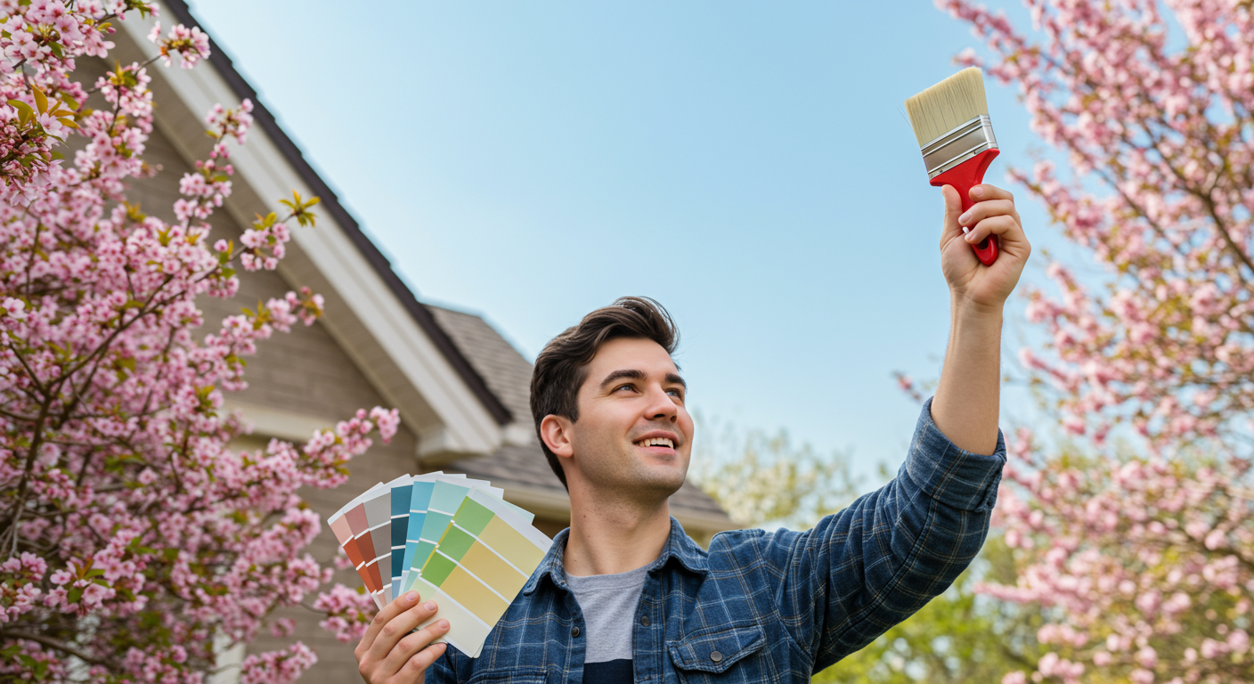 A cheerful homeowner inspecting their house's exterior, surrounded by blooming flowers and trees, holding a paintbrush and a color swatch. The sky is clear, indicating perfect weather for painting.