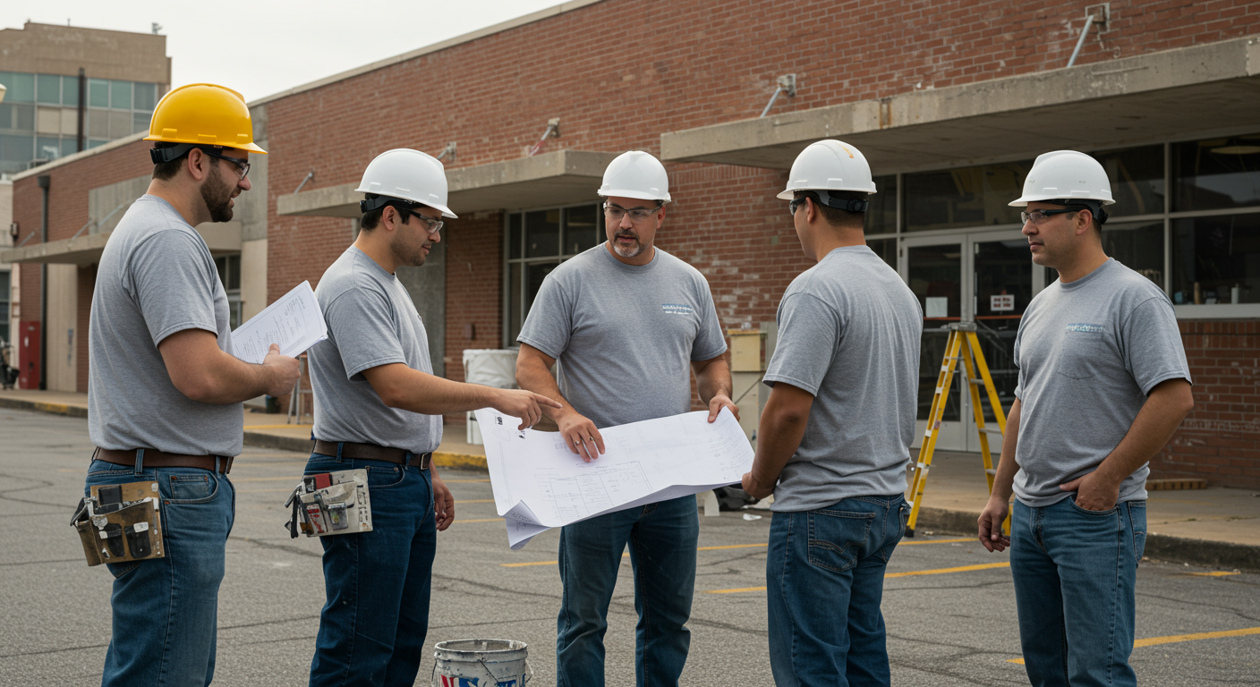 A group of painters collaborating on a large commercial project, discussing plans while standing in front of a building in Memphis. This image represents teamwork in the painting industry.
