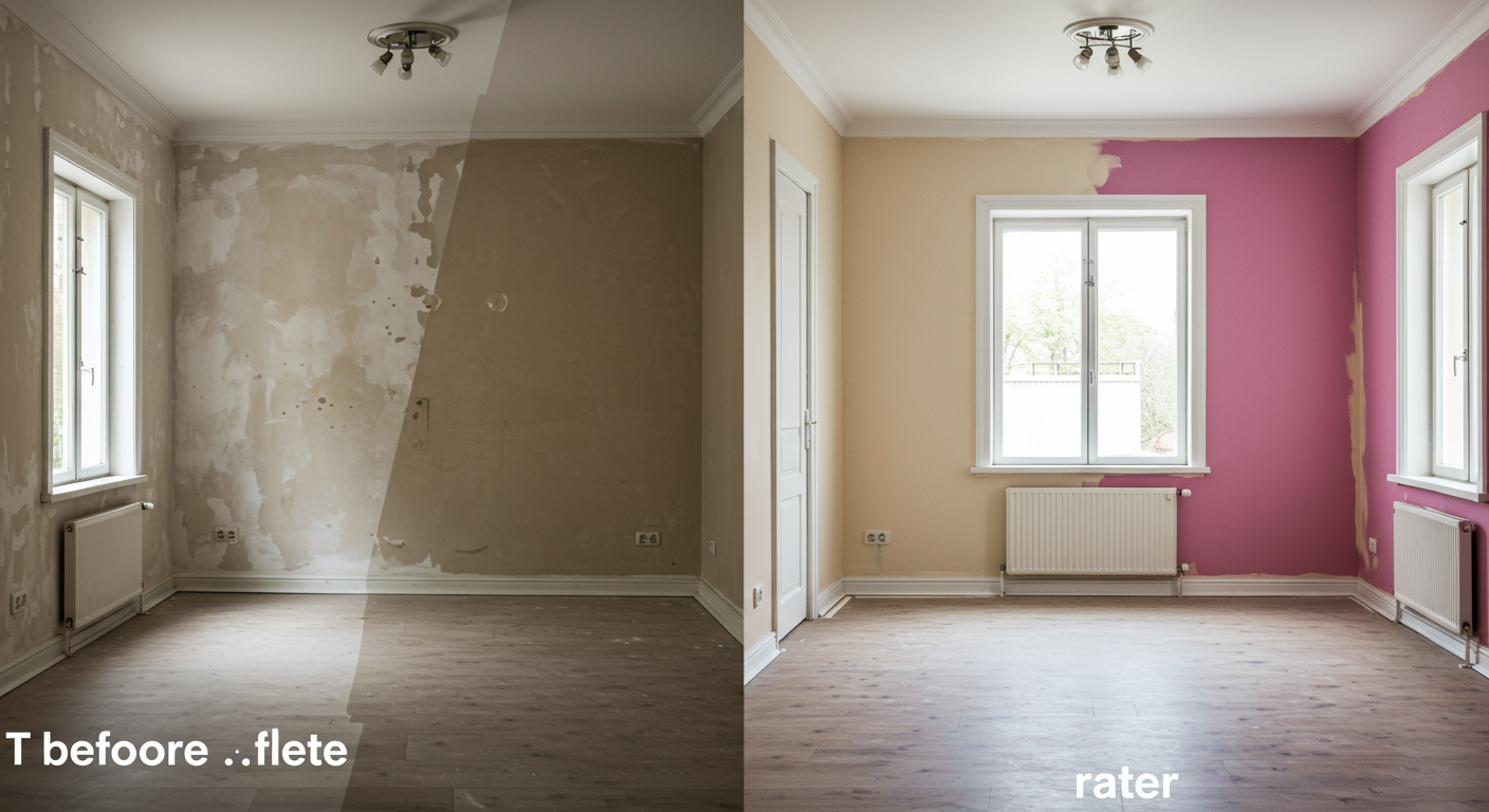 A split image showcasing a room before and after painting. The left side shows a dull, unpainted wall, while the right side displays the same room transformed with vibrant colors and a fresh finish.