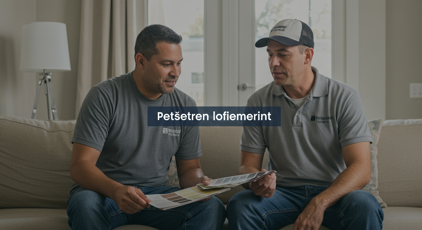 A professional painter sitting with a homeowner, discussing color swatches and paint samples in a well-lit room. The atmosphere is friendly and collaborative, highlighting the consultation process.
