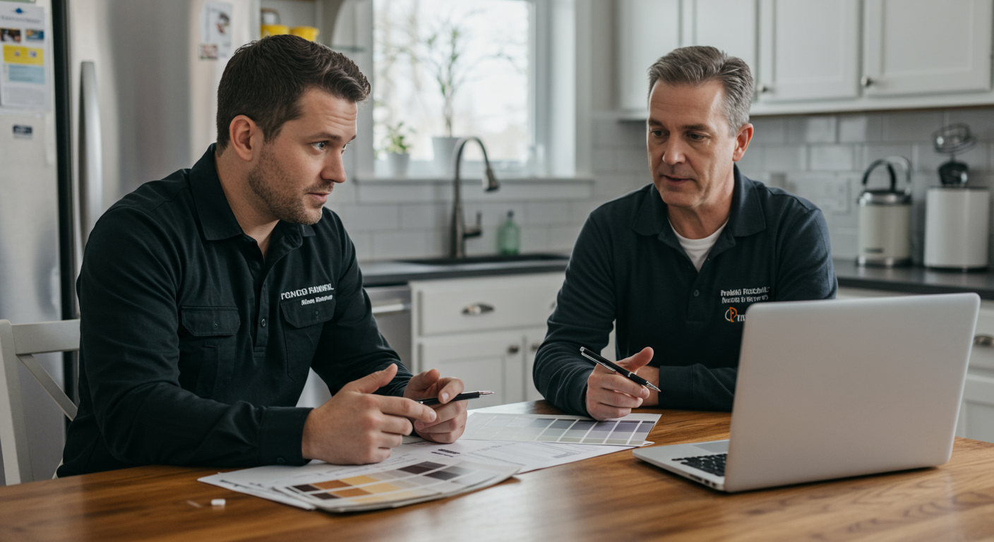 A professional painter discussing project details with a homeowner at a kitchen table, with paint samples and a laptop open.