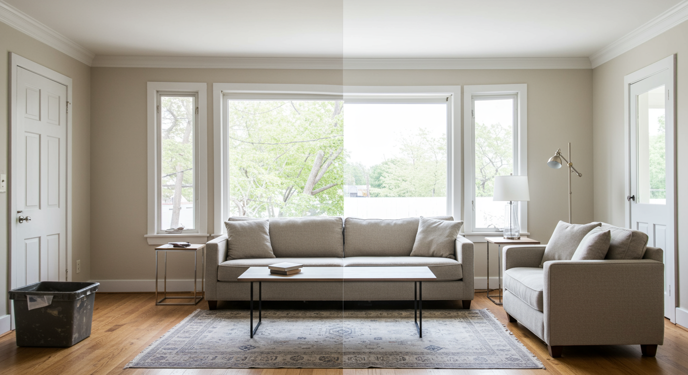 A split image showing a before-and-after transformation of a living room. The 'before' side is dull and outdated, while the 'after' side is bright and modern, showcasing the impact of professional handyman and painting services.