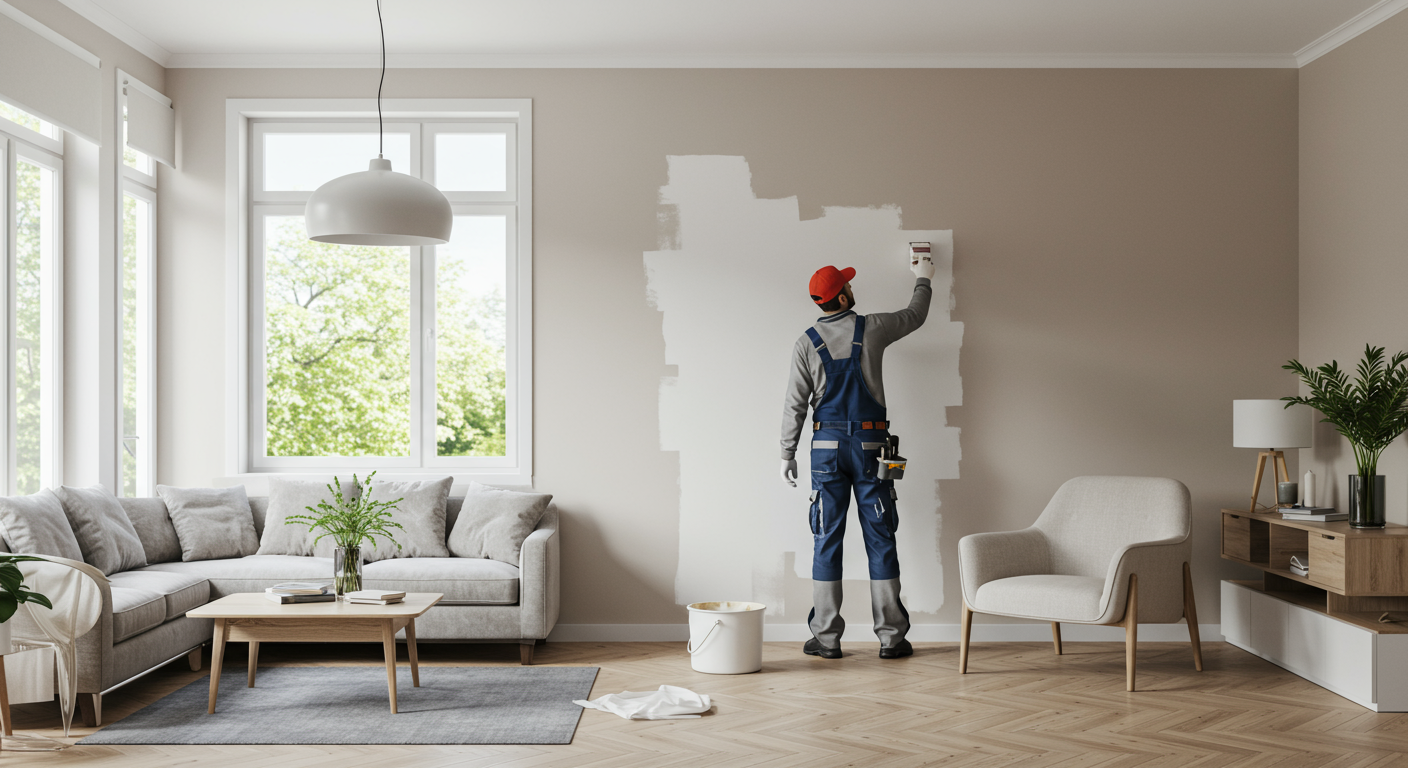 A professional painter in a uniform is carefully painting a wall in a beautifully decorated living room. The room is filled with natural light, showcasing vibrant colors and modern decor.