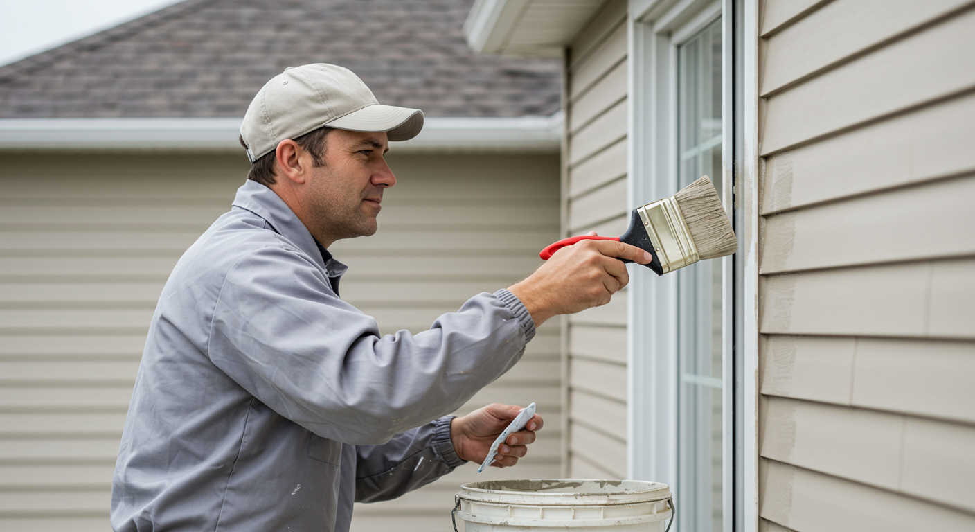 A professional painter in a clean uniform applying a fresh coat of paint to a home's exterior. The focus is on the painter's meticulous technique, showcasing quality workmanship.