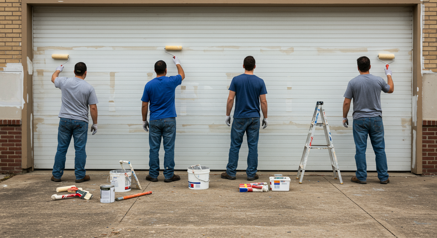 Professional painters actively painting a garage door