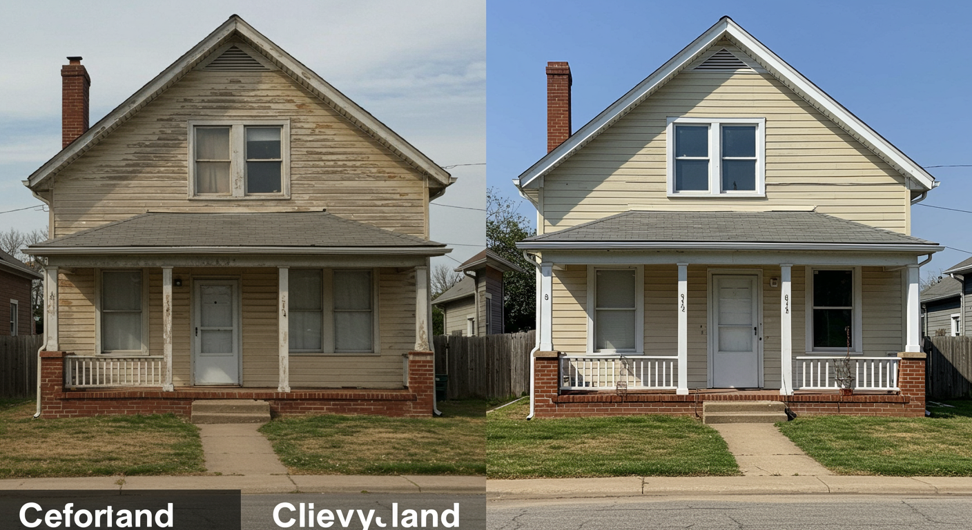A before-and-after comparison of a Cleveland home exterior, highlighting the dramatic transformation after a fresh paint job.