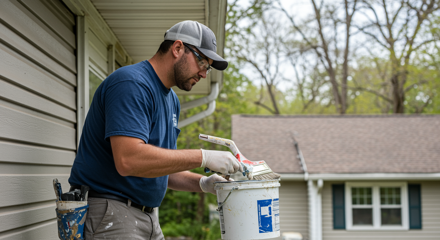 A licensed painting contractor in uniform is applying a fresh coat of paint to a residential home in Cleveland, TN. The contractor is focused and meticulous, showcasing professionalism.