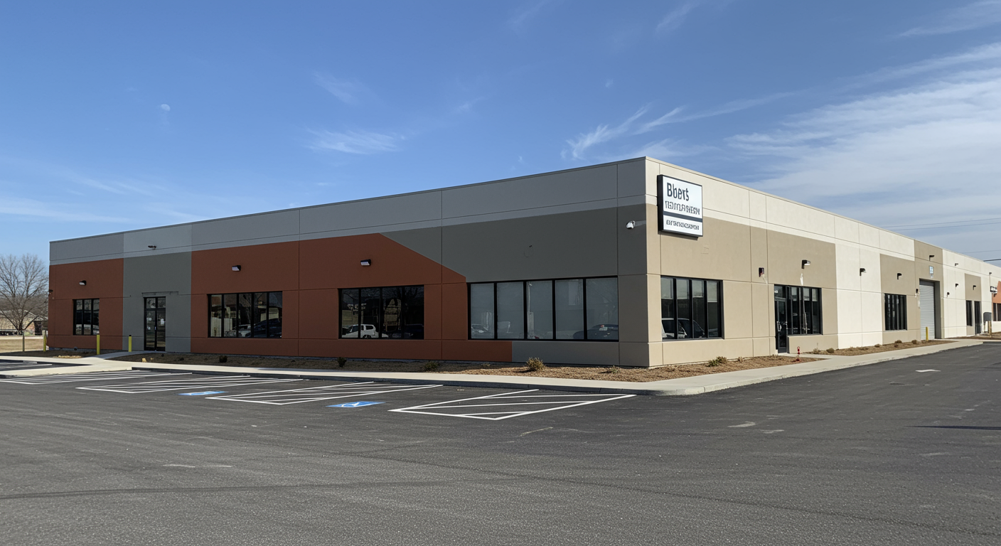 A wide-angle view of a completed commercial property that has undergone a painting transformation. The image captures the full exterior, showcasing the new colors and how they enhance the building's overall appearance and curb appeal.