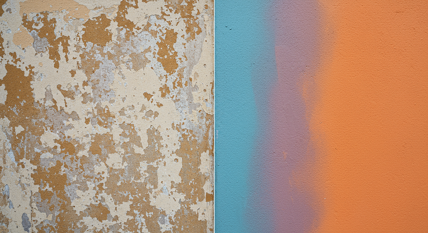 A close-up view of a home's exterior showing a dramatic before-and-after transformation. The left side shows peeling paint, while the right side reveals a smooth, colorful finish.