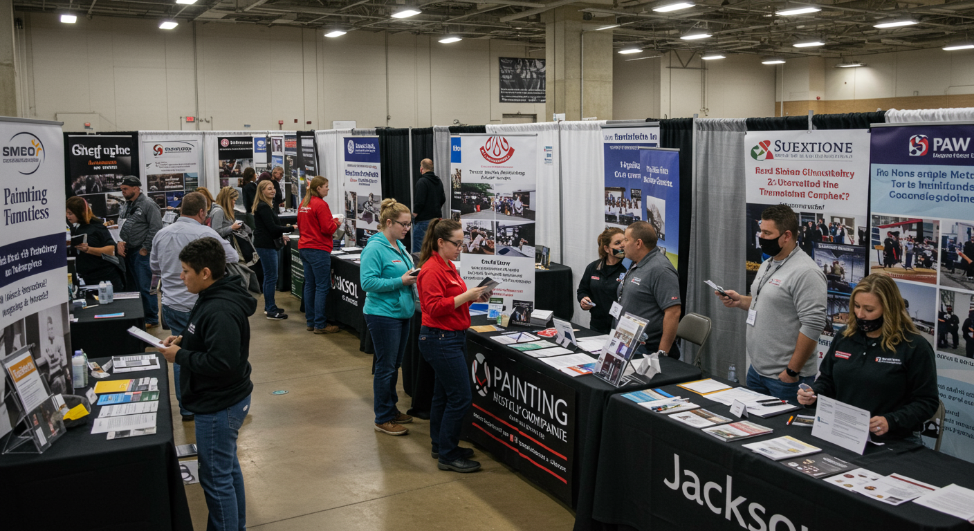 A bustling job fair scene with various booths set up for painting companies in Jackson, TN. Job seekers are interacting with representatives, looking at brochures, and discussing opportunities.