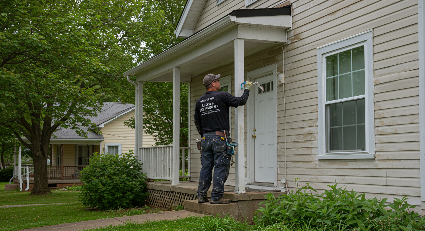 A local painter, wearing a branded uniform, diligently painting the exterior of a charming Johnson City home. The background features local landmarks or greenery to emphasize the community aspect.