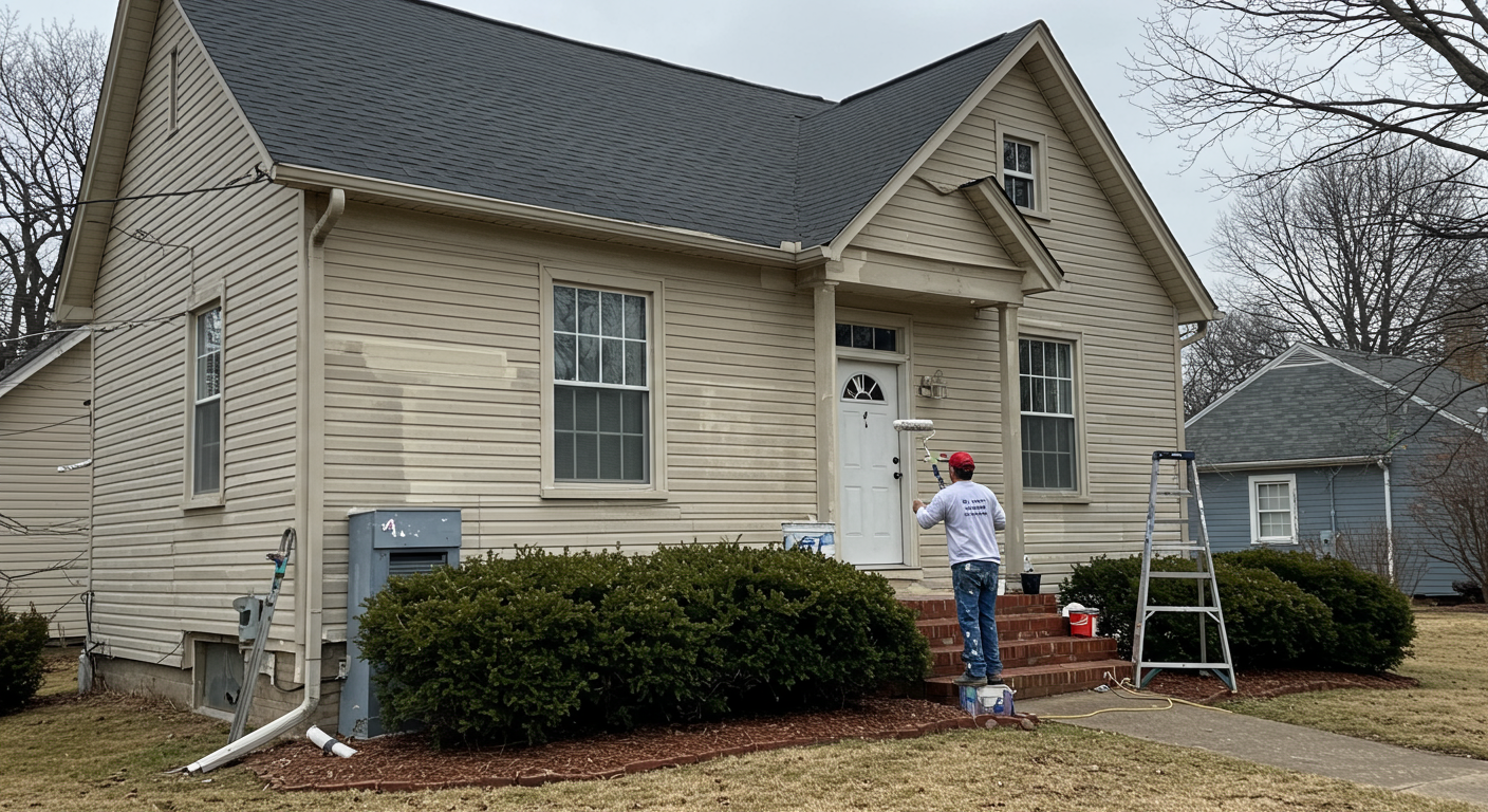 A professional painter in action, carefully painting the exterior of a charming Murfreesboro home.
