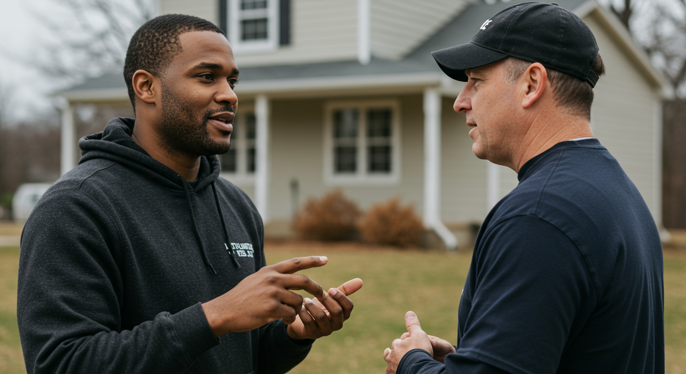 A local painter discussing project details with a homeowner on-site, with a backdrop of a house needing a fresh coat of paint.