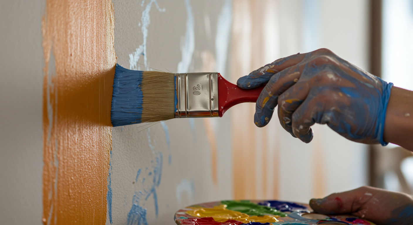 A close-up of a painter's hands expertly applying paint to a wall, with a paintbrush and a vibrant color palette visible.