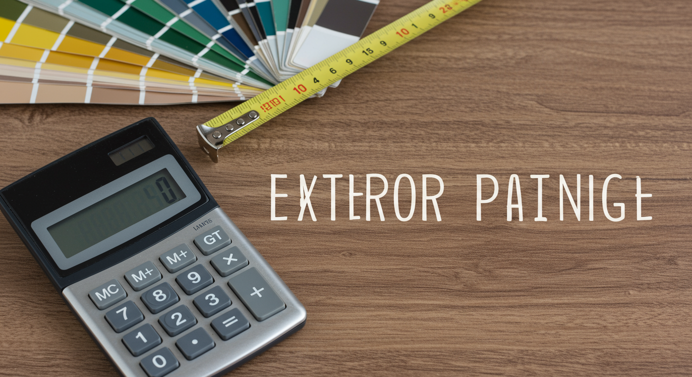 A close-up of a calculator, paint swatches, and a measuring tape on a wooden table. This setup symbolizes the planning and budgeting process for exterior house painting.