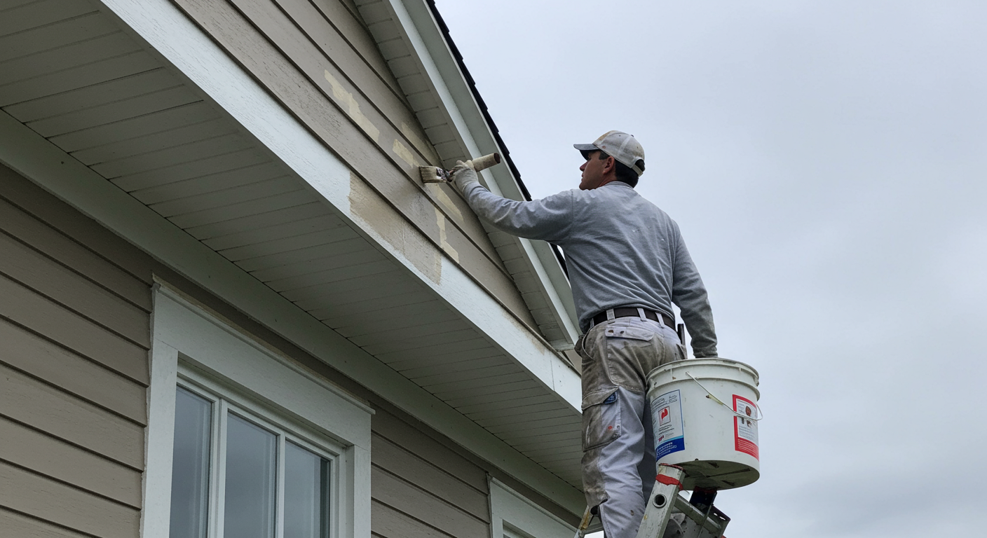 A professional painter on a ladder, carefully painting the upper part of a house. The scene captures the skill and attention to detail involved in the painting process.