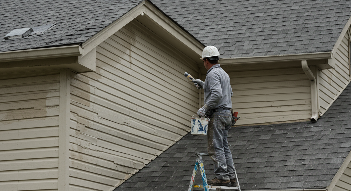 A skilled painter in a hard hat and uniform carefully painting the exterior of a residential home in Chattanooga, TN. The scene captures the painter in action, showcasing their attention to detail and professionalism.