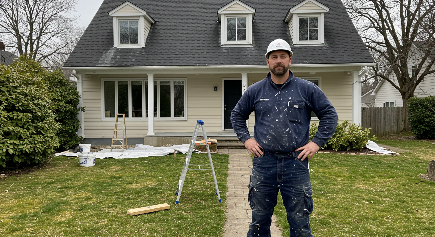 A painter standing proudly next to a completed project, showcasing the freshly painted home. The background features a well-kept garden, adding to the appeal of the finished work.
