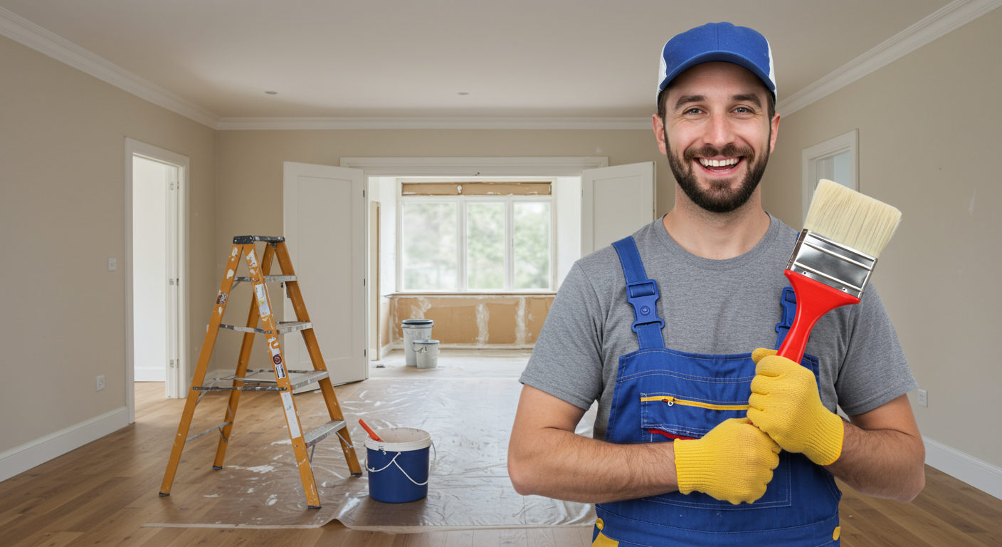 A painter standing proudly in front of a completed interior project, smiling and holding a paintbrush, with a backdrop of the finished room.