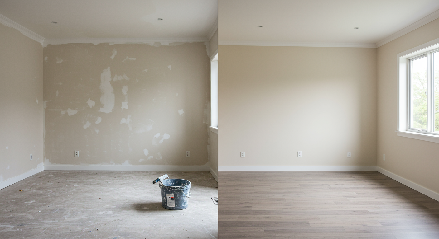 A before-and-after comparison of a room transformation, highlighting the impact of new paint and drywall work.