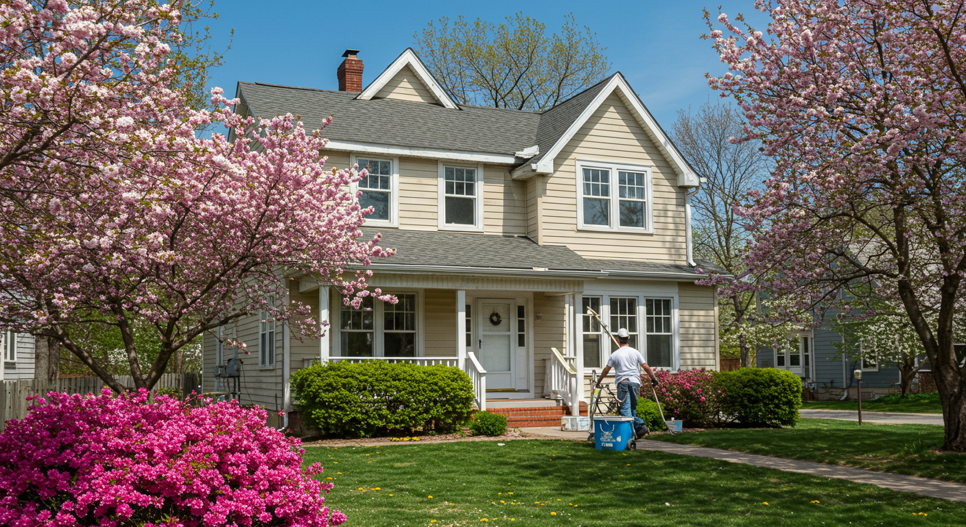 A professional painter applying a fresh coat of paint to a charming suburban home surrounded by blooming flowers and trees. The scene captures the essence of spring with clear blue skies and vibrant colors.