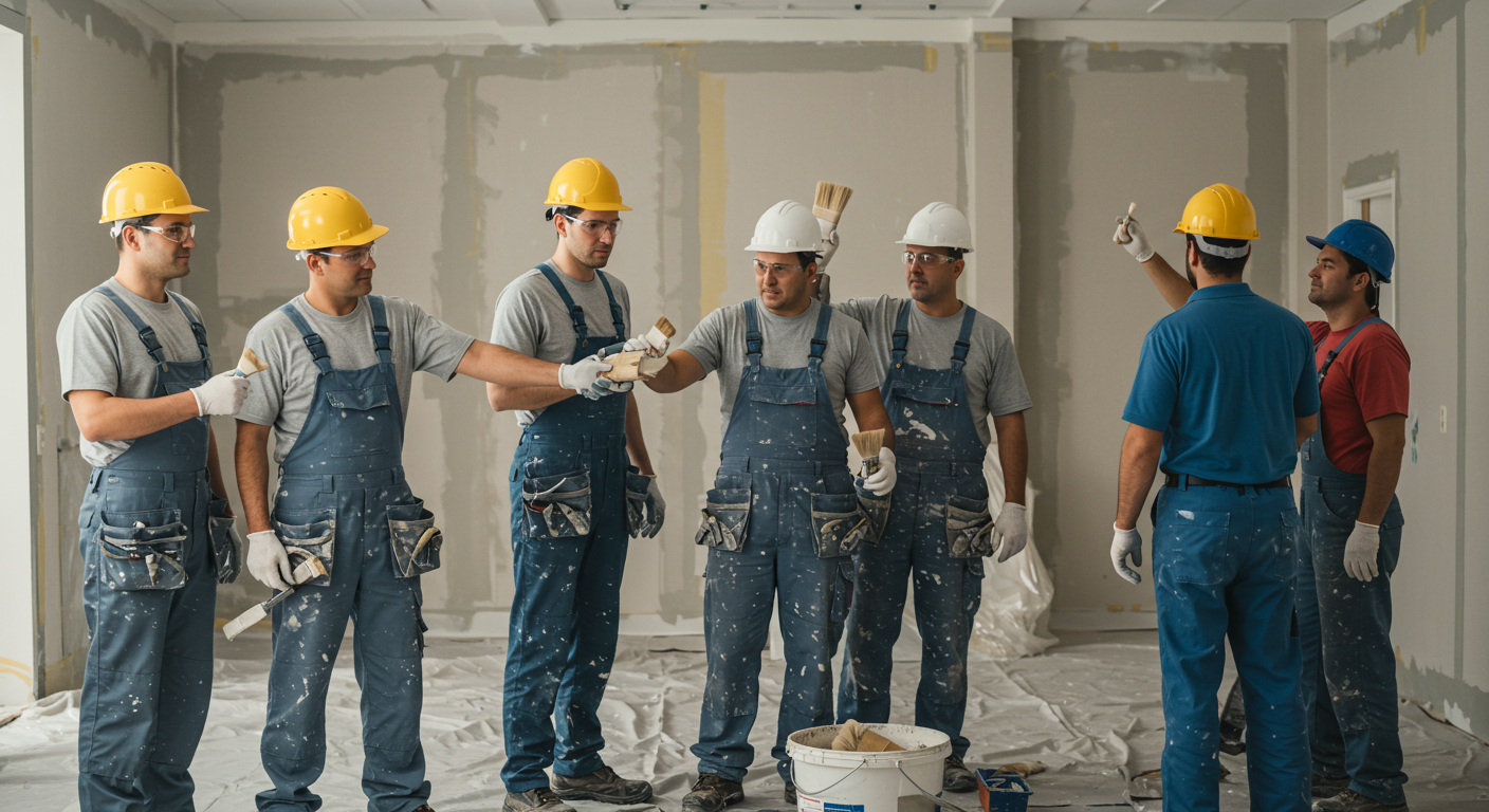 A team of professional painters collaborating on a large interior project, demonstrating teamwork and efficiency.
