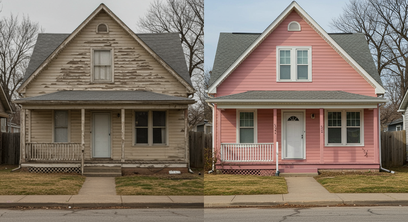 A split image showcasing a house before and after painting. The left side shows a faded, peeling exterior, while the right side displays a vibrant, freshly painted home that enhances its curb appeal. This visual emphasizes the dramatic transformation possible with professional painting services.