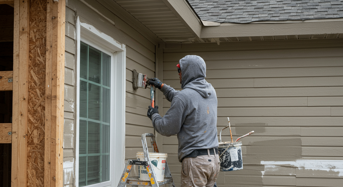 A skilled painter in Jackson, TN, applying a fresh coat of paint to the exterior of a newly constructed home.
