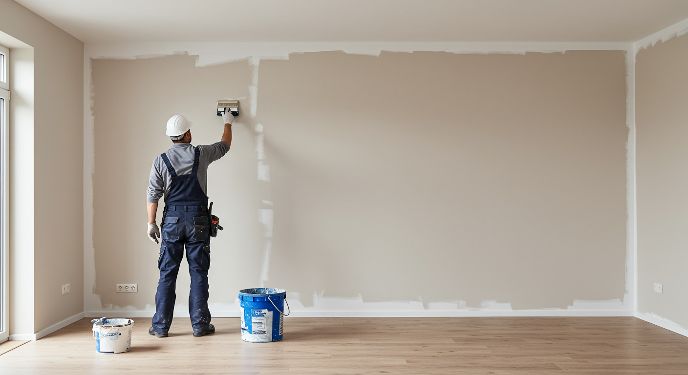 A professional painter in action, applying a fresh coat of paint to a living room wall. The room is well-lit, showcasing the transformation from a dull color to a vibrant hue.